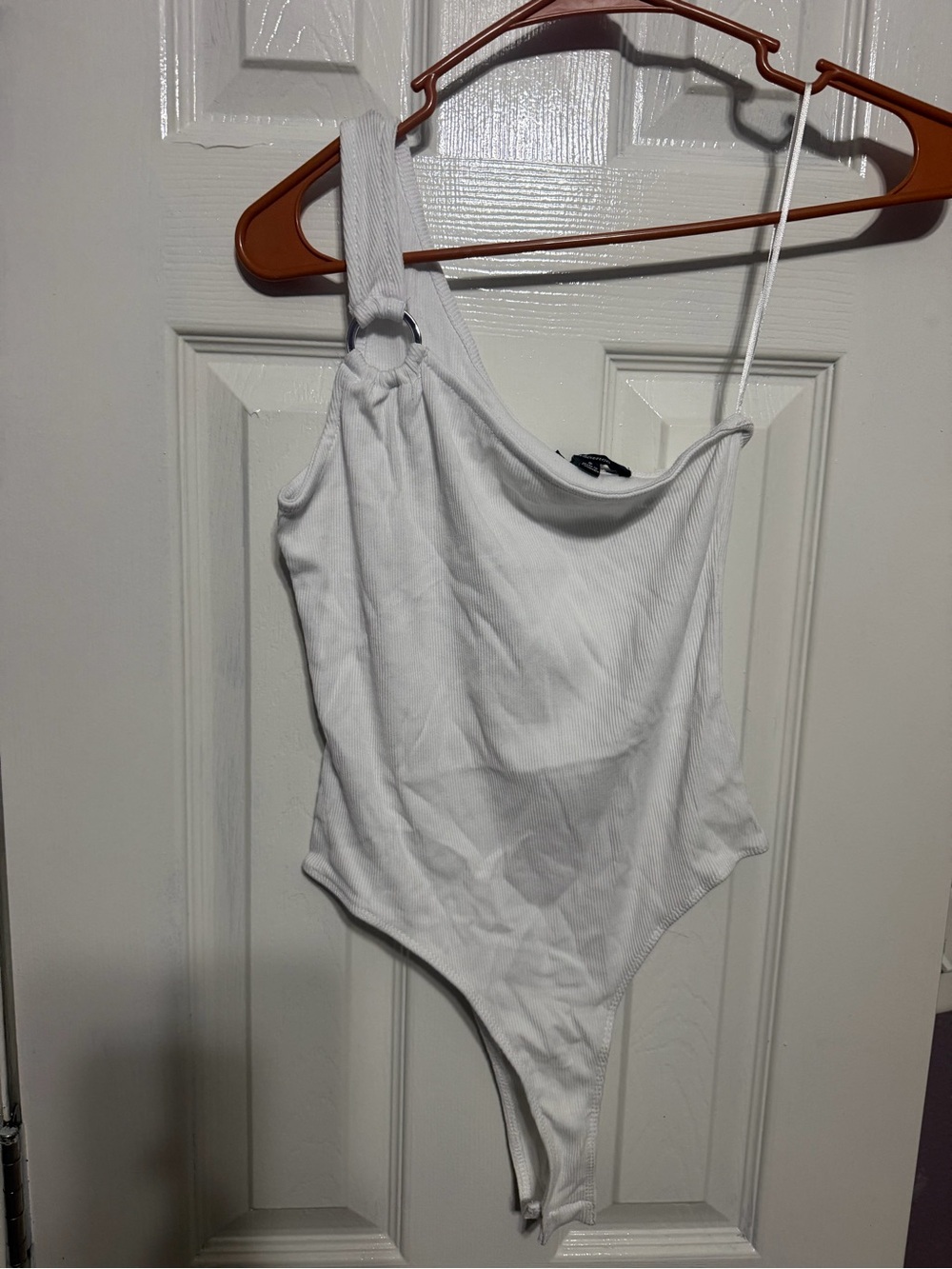 Ambiance White One-Shoulder Ribbed Bodysuit with Ring Detail